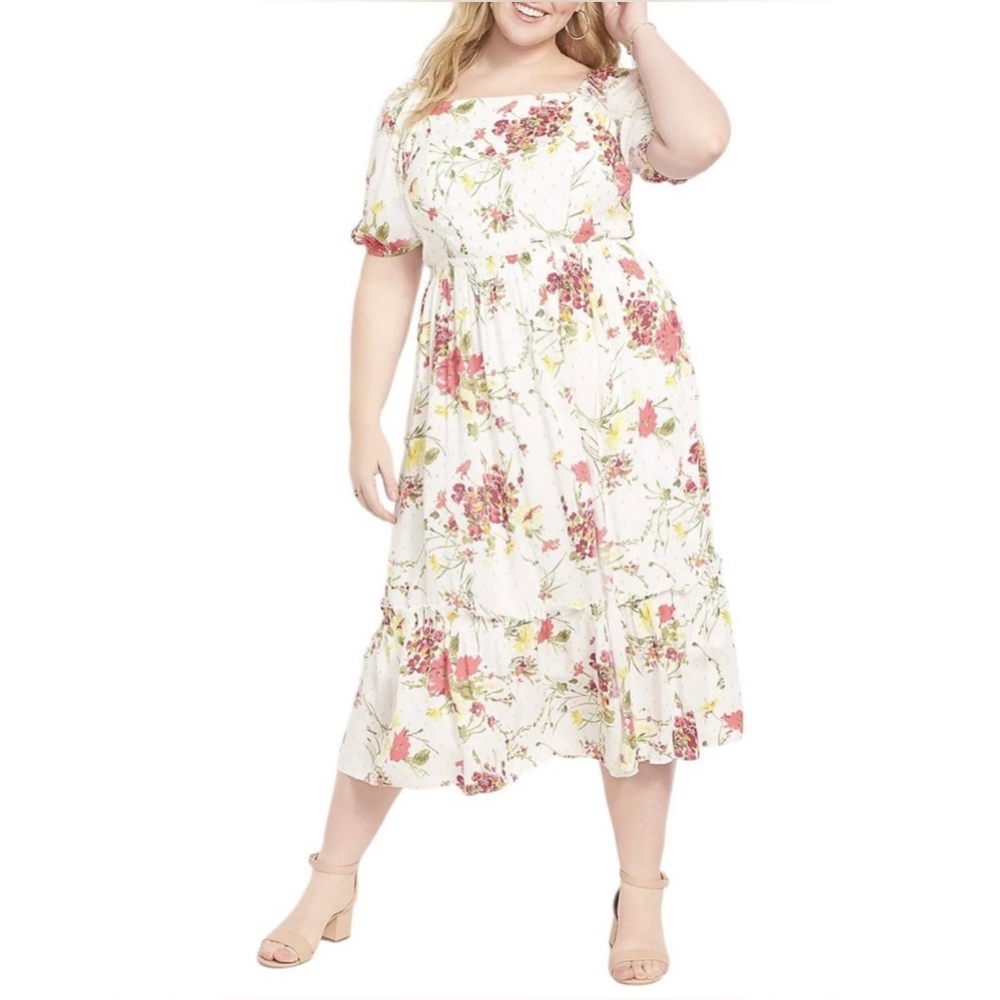 Lane Bryant convertible puff sleeve tiered floral midi dress. Like new condition